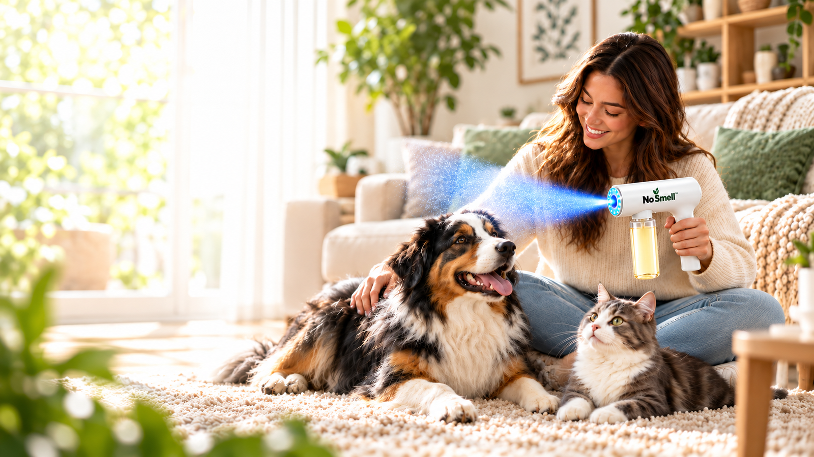 No Smell lifestyle use image with woman, dog, and cat