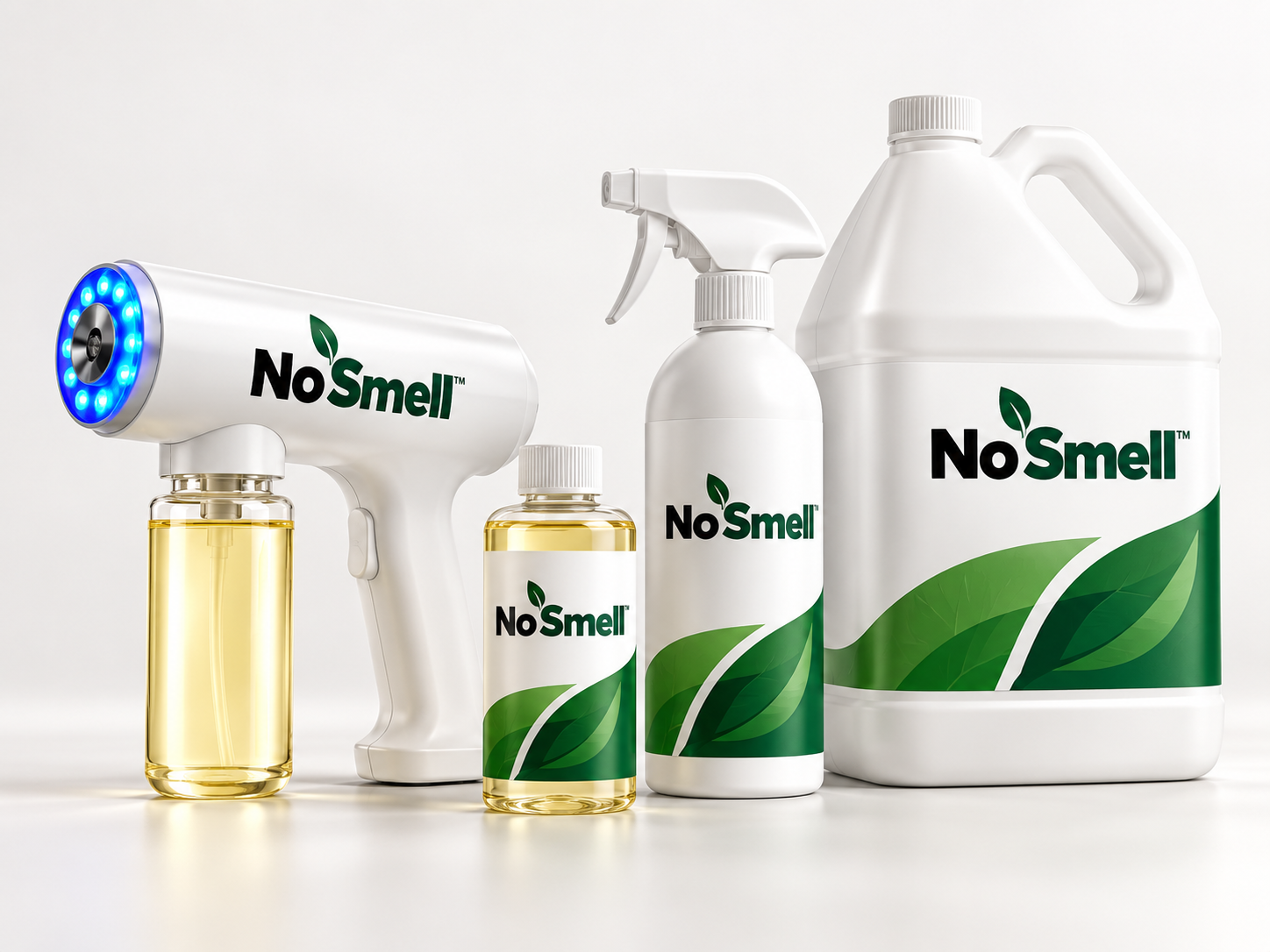 No Smell product family including handheld kit, refill liquid, 16 ounce pump spray, and gallon refill